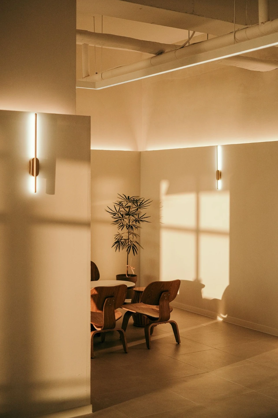 Warm verlichte leefruimte met geïntegreerde wand- en plafondverlichting.